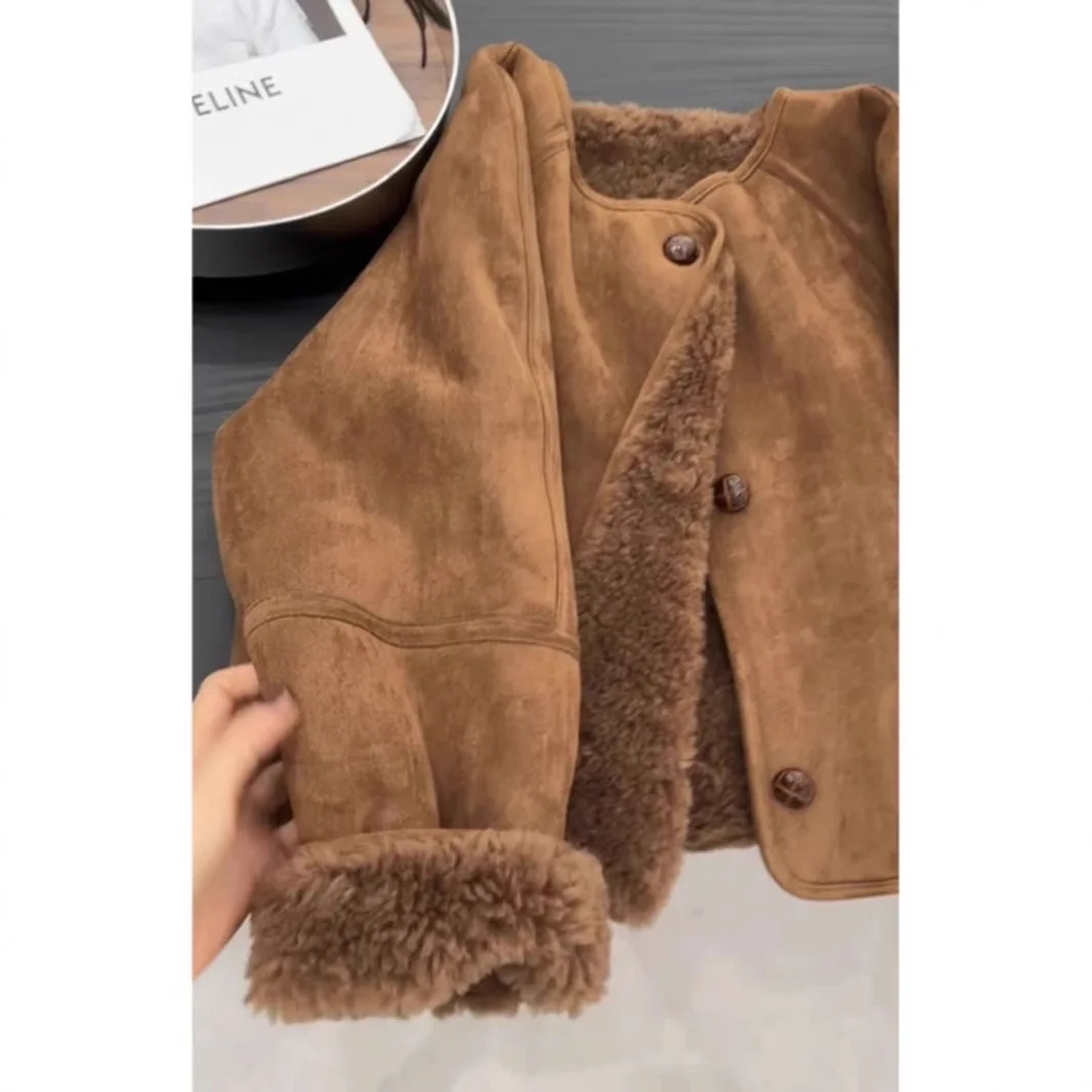 2025 Autumn Winter New Fashion Fur Integrated Thick Women Casual Jacket Versatile Solid Color Female Lamb Fur Suede Coat