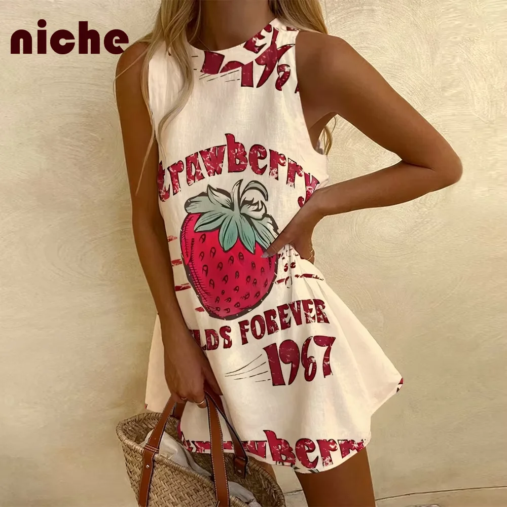 

Fashion Women Sleeveless Dress High Quality Cotton And Linen Fabric Strawberry Retro Graphic Printing Trend New Beach Skirt