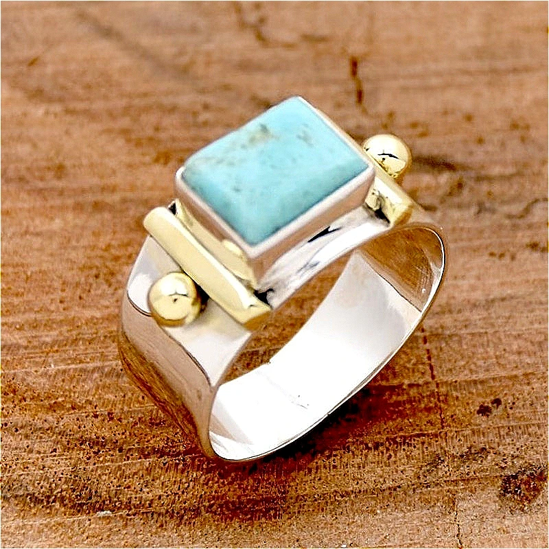 Fashion Inlaid Square Artificial Turquoise Two Tones Ring Women's Elegant Temperament Banquet Wedding Engagement Jewelry Crafts