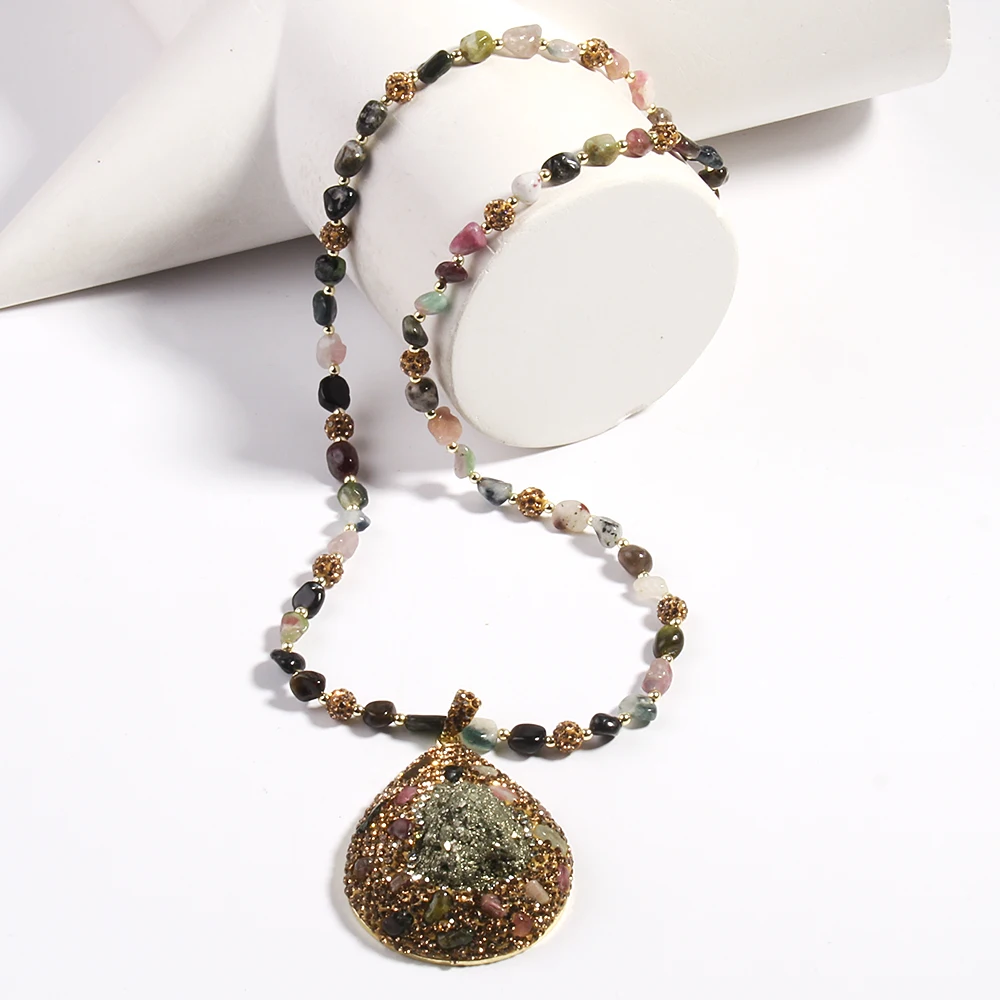 New Beautiful French Style Jewelry Chip Tourmaline Rhinestone Pava Ball Necklace Irregular Iron Tourmaline Drop Charm Necklace