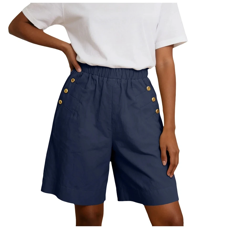 

Women Casual Shorts Summer Cotton And Linen Short Pants Solid Color Buttons Elastic High Waisted Shorts With Pockets Streetwear