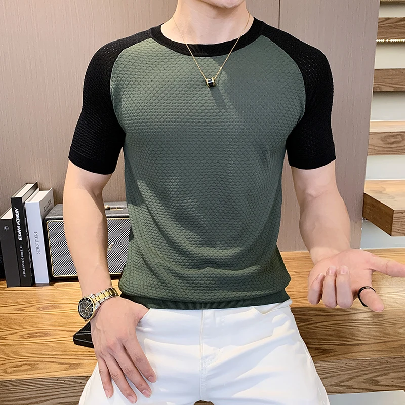 

INS Fashion Men's Summer Knitted T-shirts Splicing Sports Fitness Round Neck Elastic Short Sleeve Vertical T-shirt Men Clothing