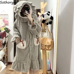 Coral Velvet Long Nightgowns Women Wizard Hooded Winter Thicker Comfortable Warm Sweet Students Homewear Midi Nightdress Daily