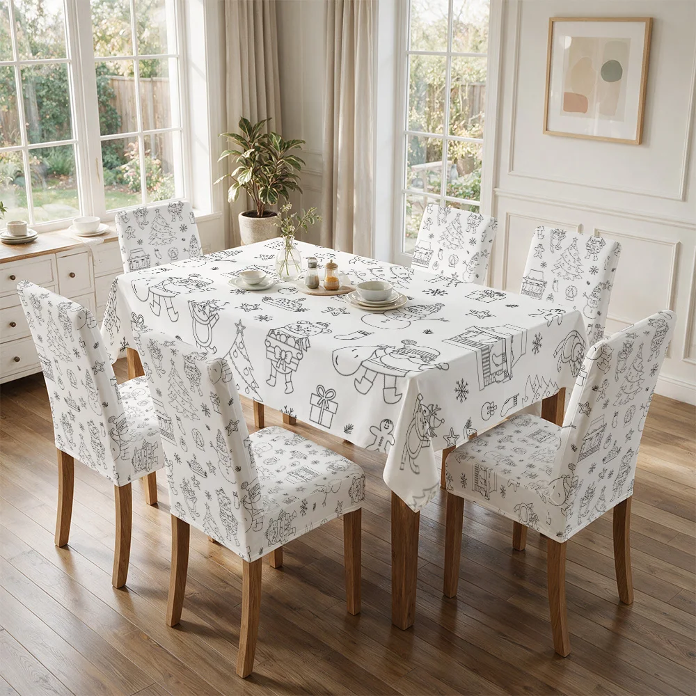 Cute Cartoon Christmas Theme Tablecloth and Chair Covers for Dining Room Holiday Decor