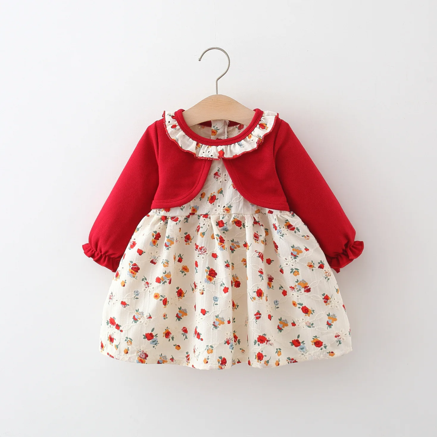 Fake Two Autumn Long Sleeved Baby Girl Dresses Girls\' Solid Color Long Sleeved Jackets Spliced Round Neck Lace Floral Dress