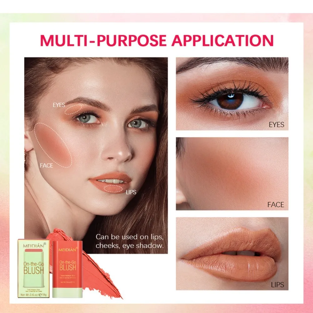 Color Makeup Blush Stick with Brush Highly Malleable Waterproof Moisturizing Brighten Blusher Smudge-proof Sweatproof