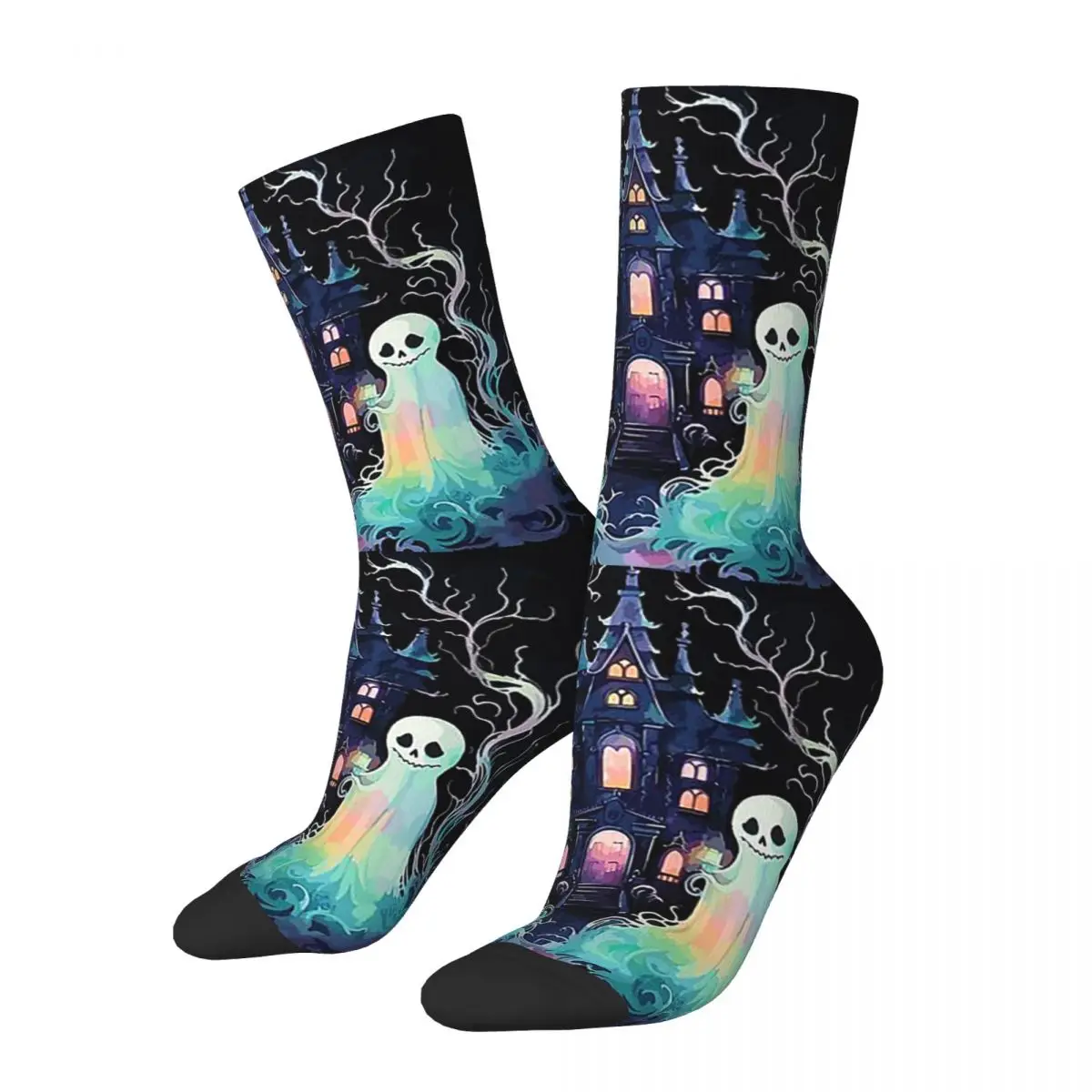 Ghosts Neon Style With Haunted House Socks Harajuku Soft Stockings All Season Long Socks Accessories for Man Woman Birthday Gift