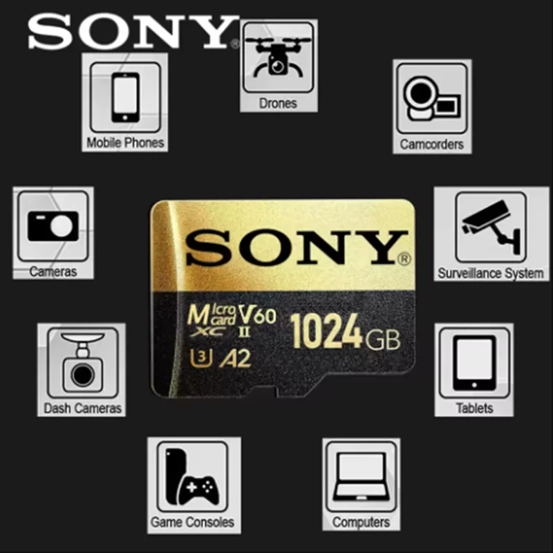 Высокоскоростная TF-карта Micro SD SONY 128 ГБ/256 ГБ/512 ГБ/1024 ГБ A2 U3 V30, стабильное чтение/запись, черный и золотой для планшетов/игровых консолей