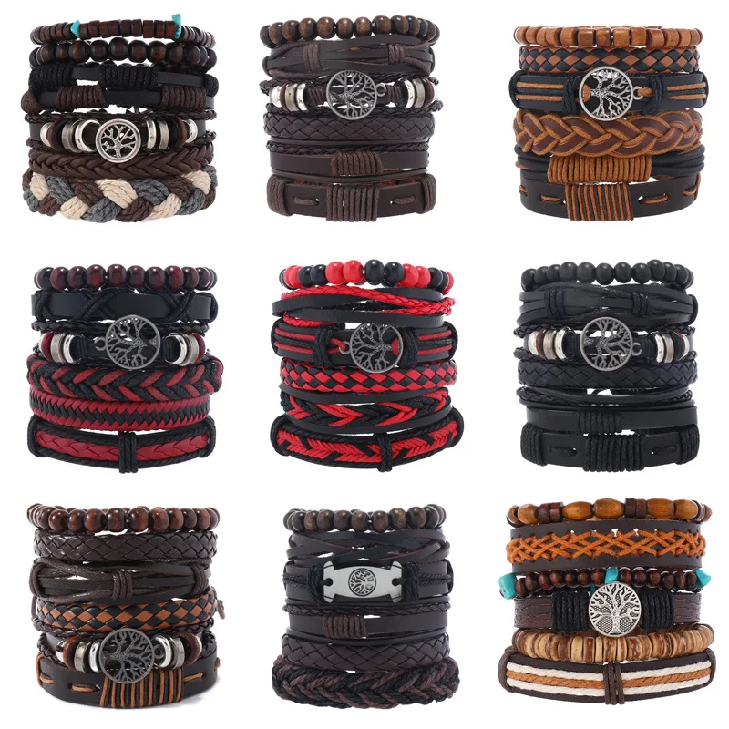 Punk Casual Bead6 Pc/set Tree Black Khaki Handmade Men Bracelets Male Women Leather Bracelets Men Bangle Wholesale Jewelry Gift