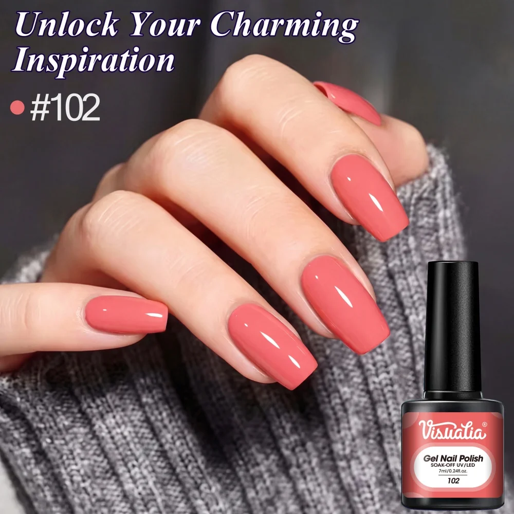 Visuatia # 102 Coral Orange Phototherapy Gel, UVLED curing nail gel, warm-toned orange, a popular color for autumn and winter, gentle and removable, suitable for home DIY manicures or use in nail salons, creating vibrant and lively manicures.
