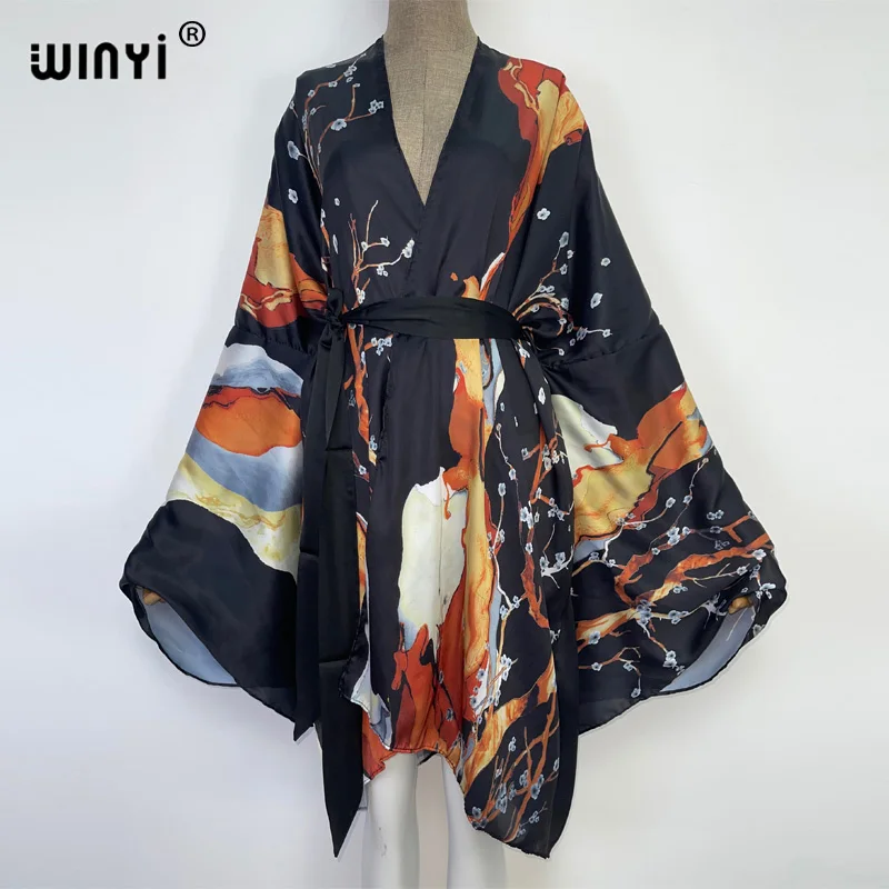 2022 WINYI Summer Bohemian Printed Bikini Cover-ups Elegant Self Belted Kimono Dress Tunic Women Beach Wear Swim Suit Cover Up