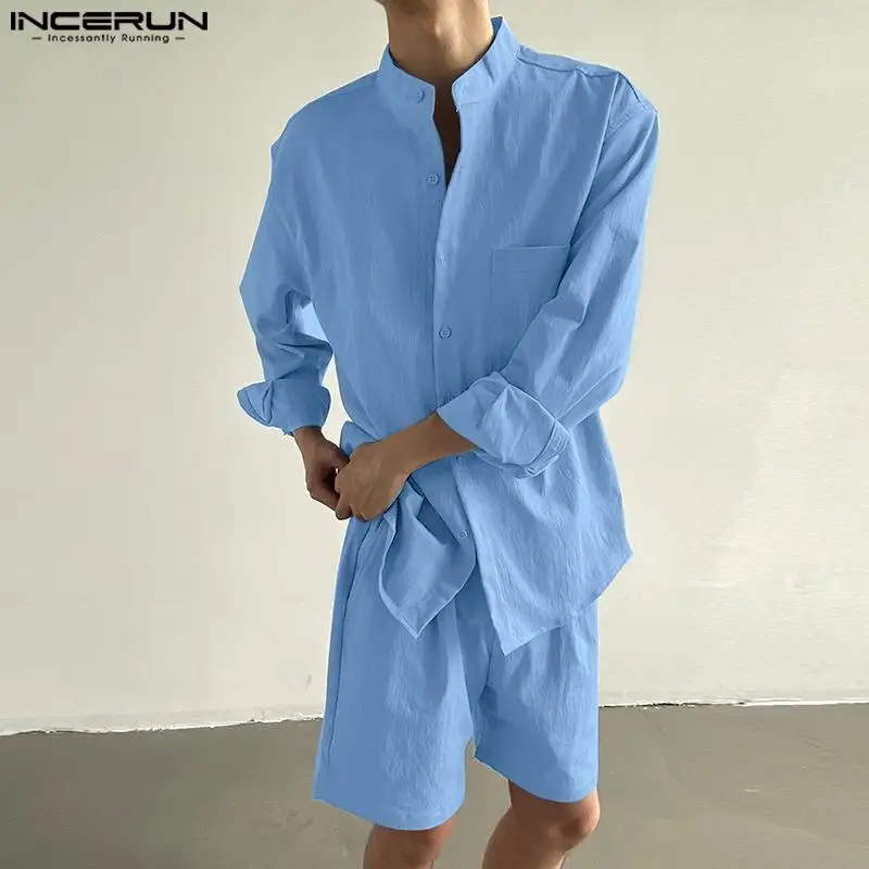 INCERUN Summer Men Sets Fashion Long Sleeve Shirt Shorts Tops Solid Chemise Men Clothing 2PCS Streetwear Two Pieces Sets Suits