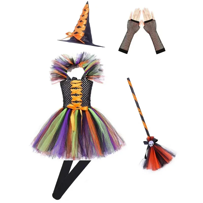 Sky01 أزياء الهالوين الساحرة التأثيرية للأطفال البنات بأكمام منتفخة من التل توتو فستان مكنسة الساحرة قبعة طماق فساتين فاخرة foSd01$