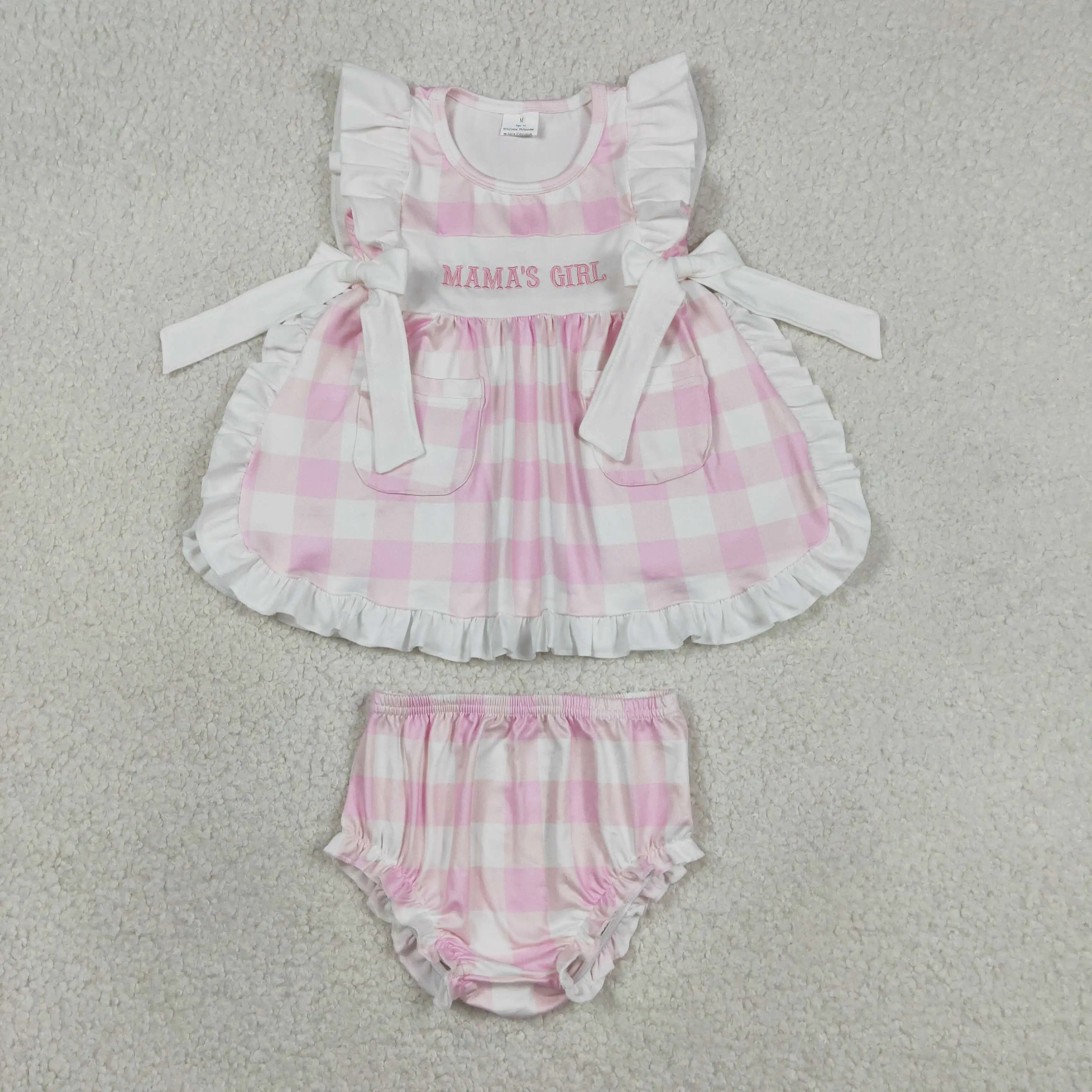 Wholesale Infant Baby Girl White Outfit Toddler Kids Embroidery Mama's Tunic Set Plaid Bummie Shorts Children Summer Clothing