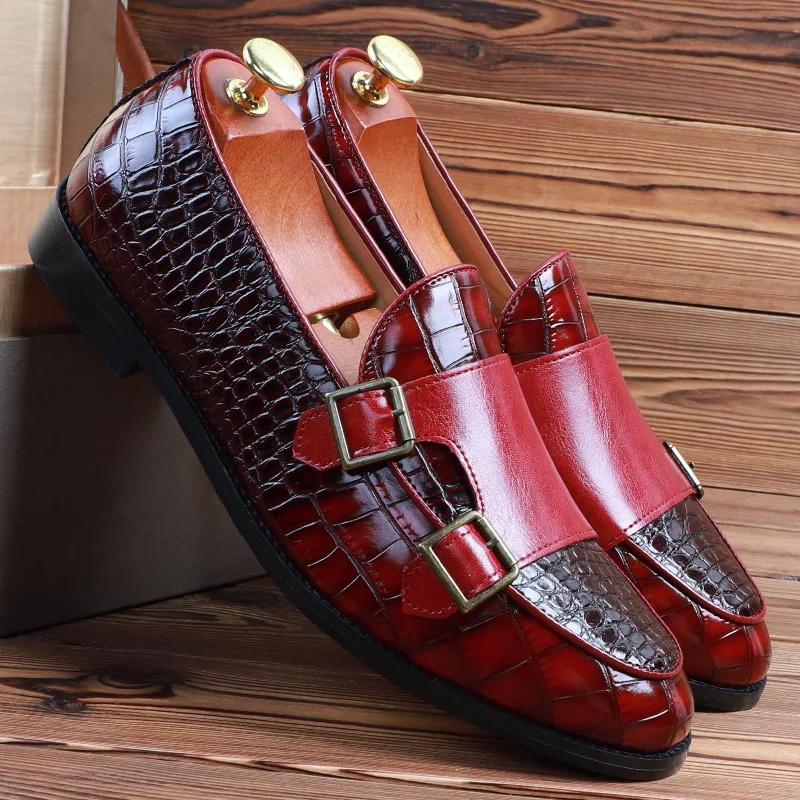 Luxury Business Men Monk Shoes Double Buckle Crocodile Print Wedding Party Office PU Leather Shoes Brown Pointed Toe Loafer