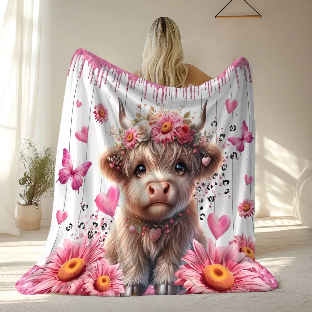 Sweet Floral Wreath Highland Calf Pink Heart Leopard Doodle Pattern Flannel Blanket Cozy Plush Bedspread Portable Travel Blanket
