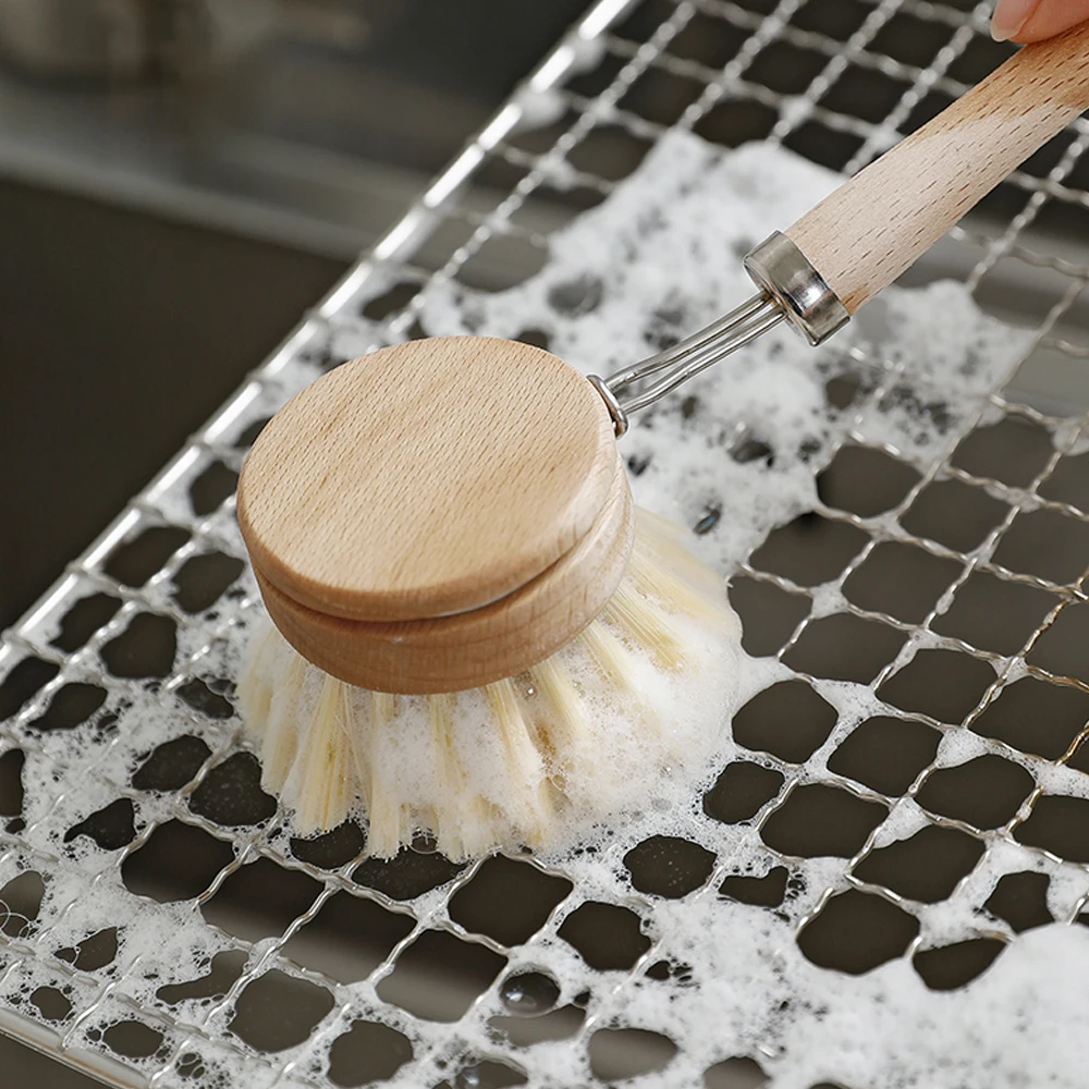 Wooden Dish Brush Natural Dish Brushing Tool Long Handle Pan Brush with 4 Replacement Brush Heads Durable Kitchen Cleaning Brush