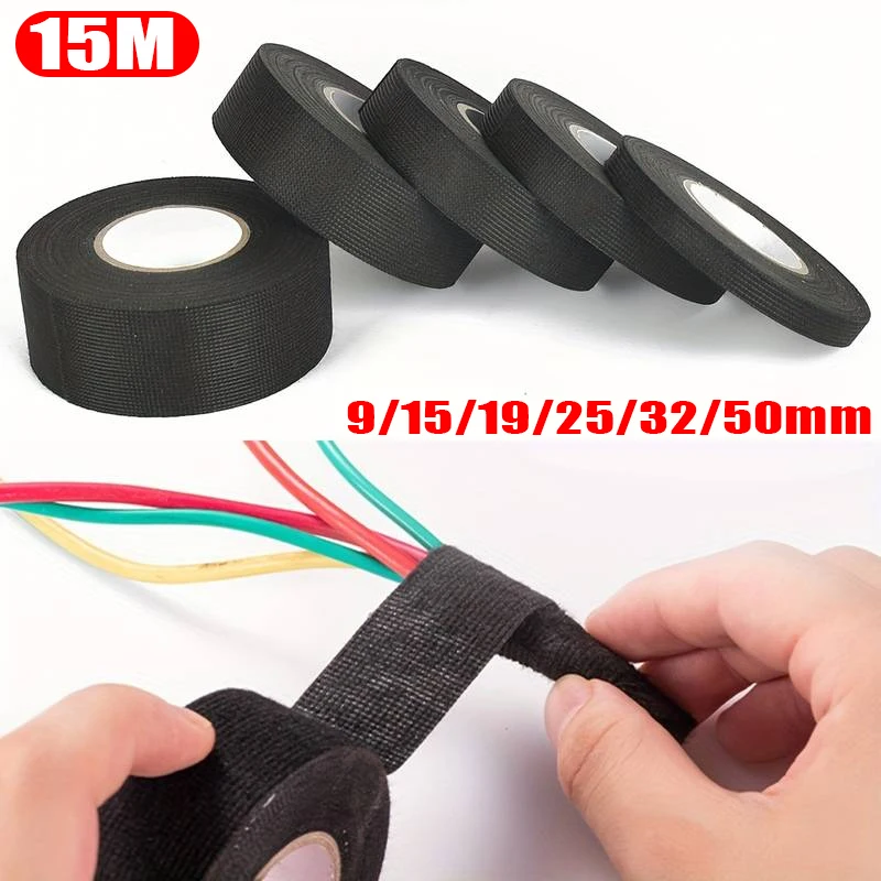 15M Heat Resistant Tape Cloth Fleece Wiring Harness Tape for Car Cable Harness Wiring Fabric Loom Electrical Heat Tape 8-19mm