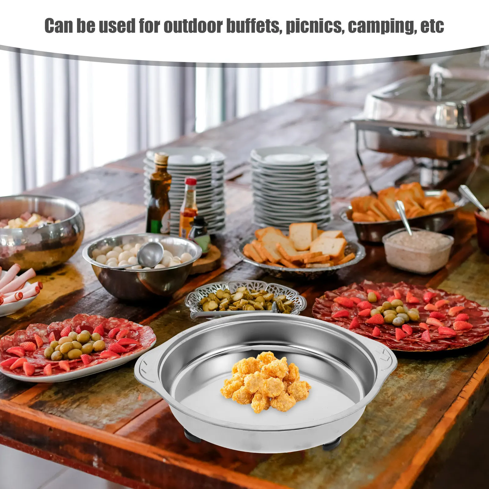 Stainless Steel Buffet Tray Metal Dish Detachable Legs Lid for Hotel Catering Outdoor Buffet Serving Serving Plate
