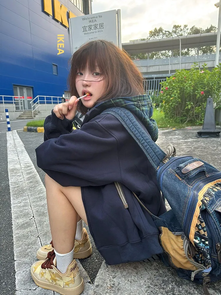 Moletom com capuz xadrez retrô coreano feminino outono inverno Thiened Fce casaco com zíper tamanho pequeno cardigã aberto Sle Long Sve Sweat...