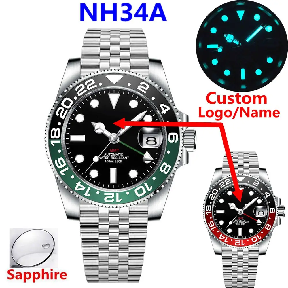 

Custom NH34 GMT Watches Men's Luxury Sapphire Automatic Mechanical Watch Luminous 40MM Stainless Steel Diver Waterproof Watch