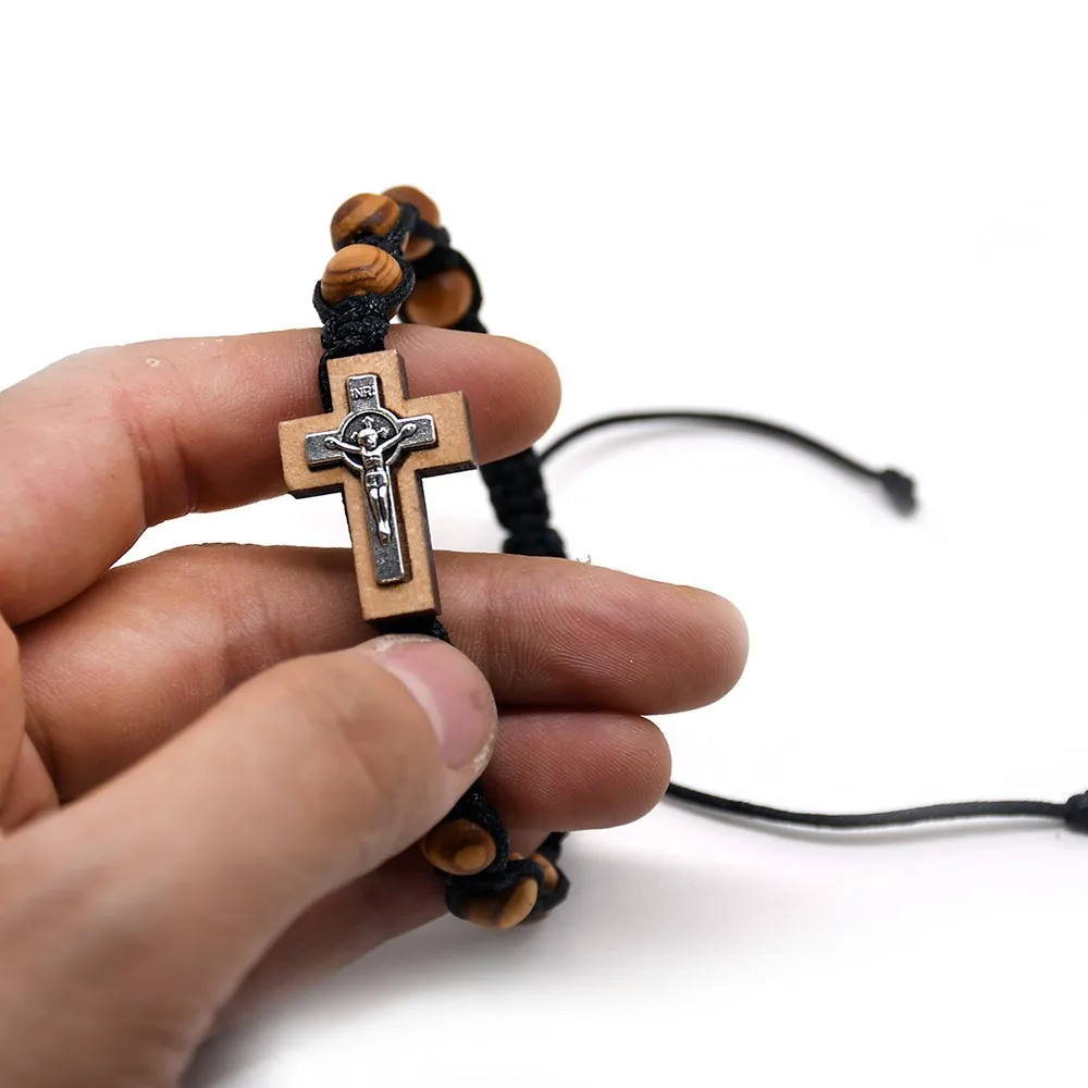 Vintage Men Women Jesus Cross Bracelets Brown Wooden Bead Woven Rosary Adjustable Religous Jewelry Prayer Bracelets Handmade