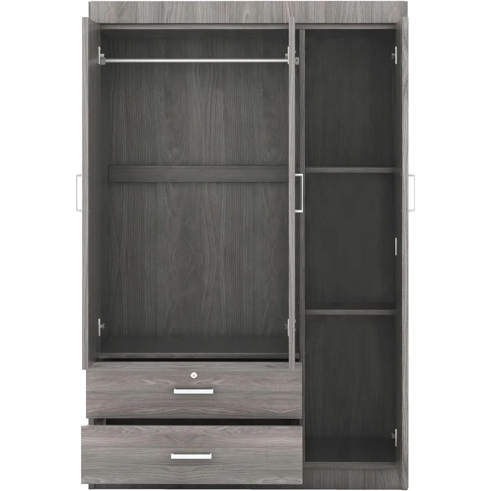 Freestanding Wardrobe Cabinet for Bedroom,  3 Doors Wooden Wardrobe Closet Cabinet with 2 Drawers， with Hanging Rod Shelf