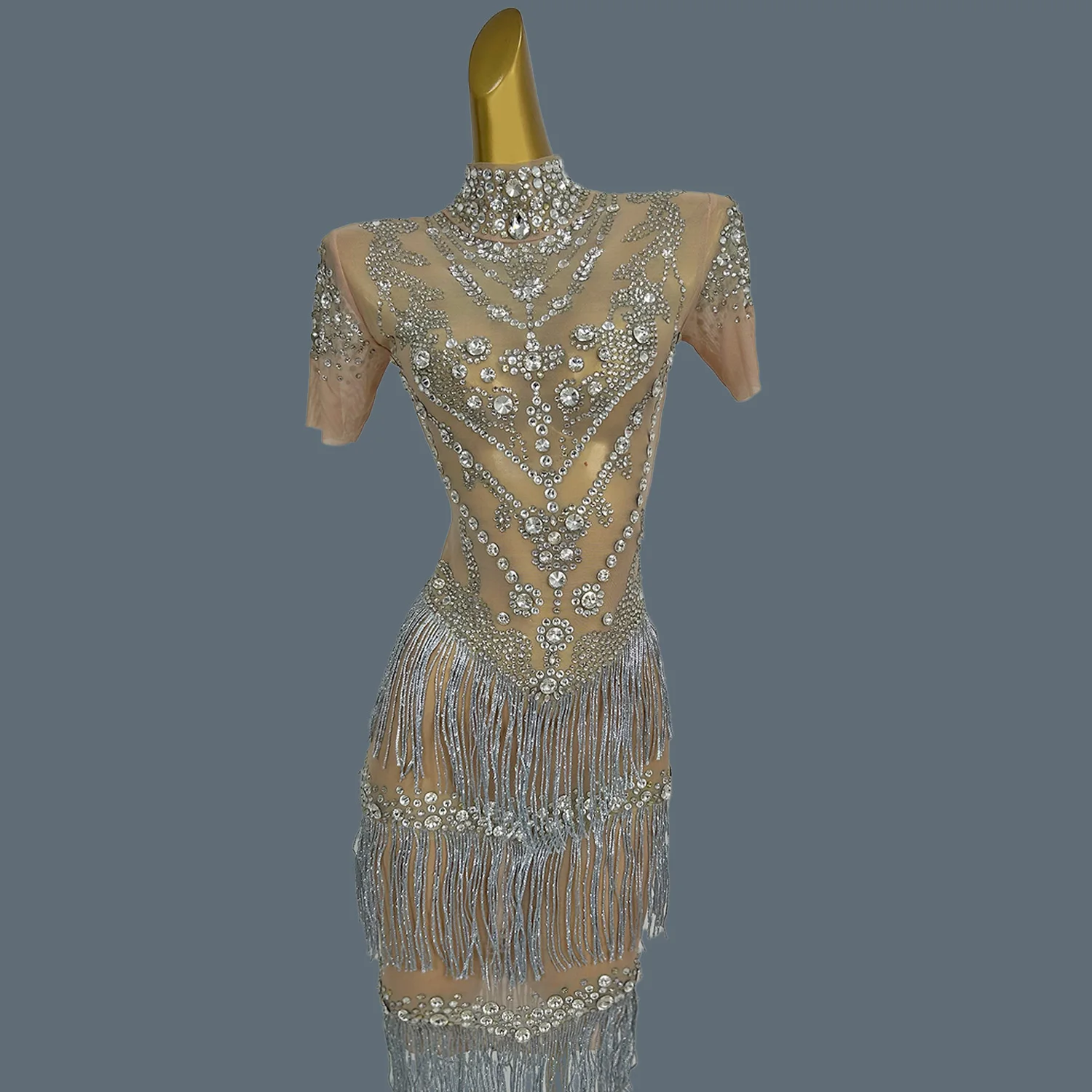 

High-end Sparkly Crystals See Through Mesh Dress Women Party Show Tassel Outfit Club Latino Dance Dress Sparkly Short Dresses