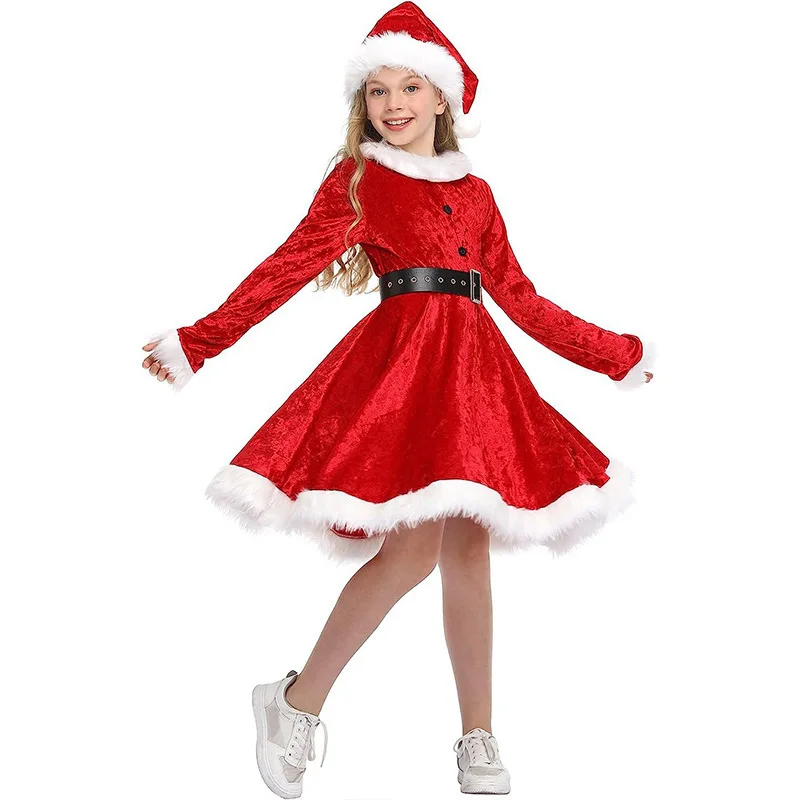 Women And Girls Sexy Ladies Christmas Dress With Hat Set Cosplay Costumes Santa Claus Suit Stage Show Clothing Dancing Robe Gown