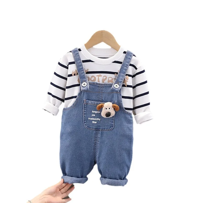 INS NEW Autumn Toddler Boys 2PCS Clothes Set Letter Striped Cotton Pullovers Denim Cartoon Overalls Suit Kids Boys Outfits