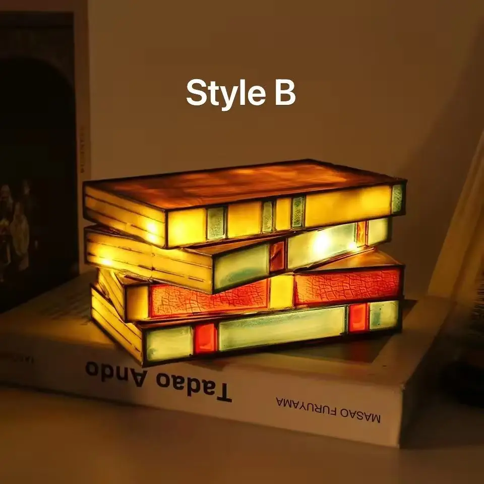 Vintage Stacked Books Lamp Decorative Handicraft Stacked Books Light Stained Glass Table Reading Light Nightstand Desk Lamps