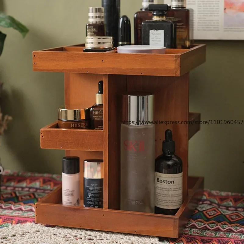 

360-Degree Rotating Wooden Cosmetics Desktop Dressing Table Skin Care Products Lipstick Organization And Storage Rack Layered