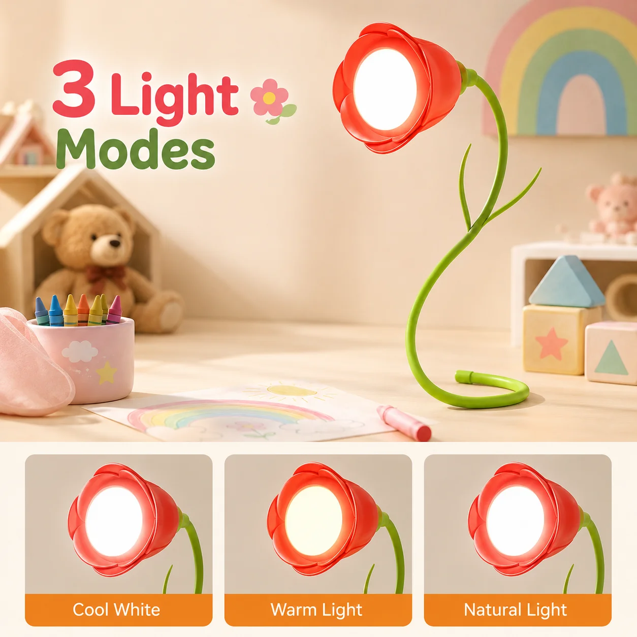 Flower LED Table Lamp Flexible Stem USB-C Rechargeable Eye-Caring Soft Light for Kids Bedside Bedroom Decor, 2 Colors