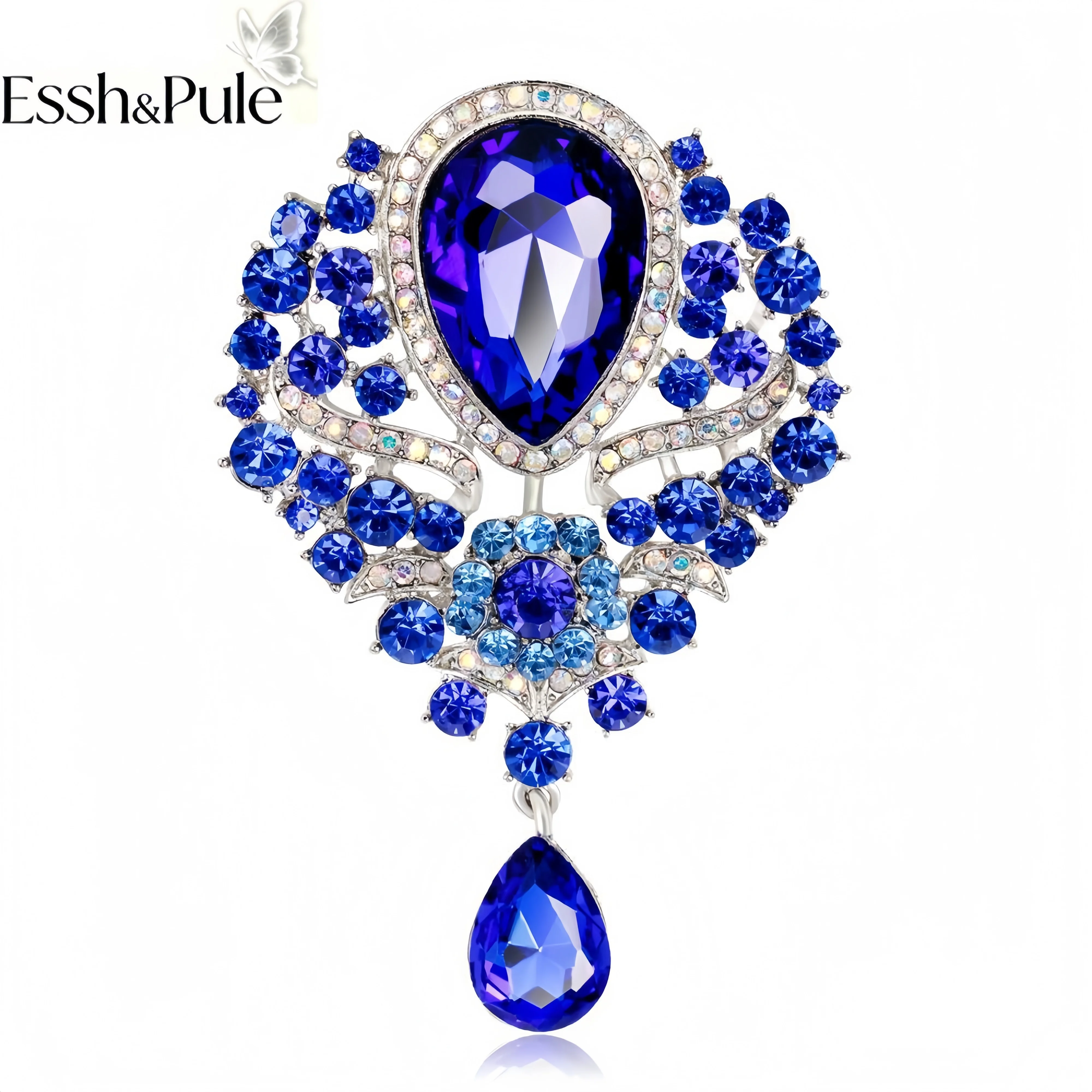 Essh&Pule Blue Crystal Flower Brooch Pin, Luxury Vintage Rhinestone Jewelry, Women Elegant Wedding Bridal Party Gift Lapel Pin