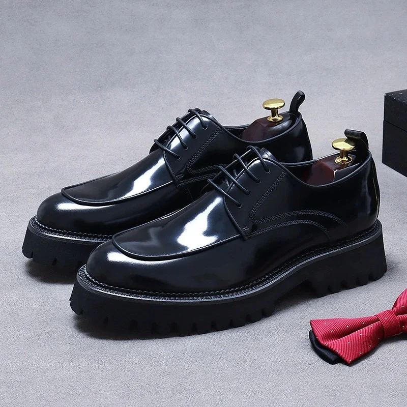 Men's British Casual Leather Shoes Formal Business Thick Sole High Gloss Genuine Patent Gentleman Dress Shoes