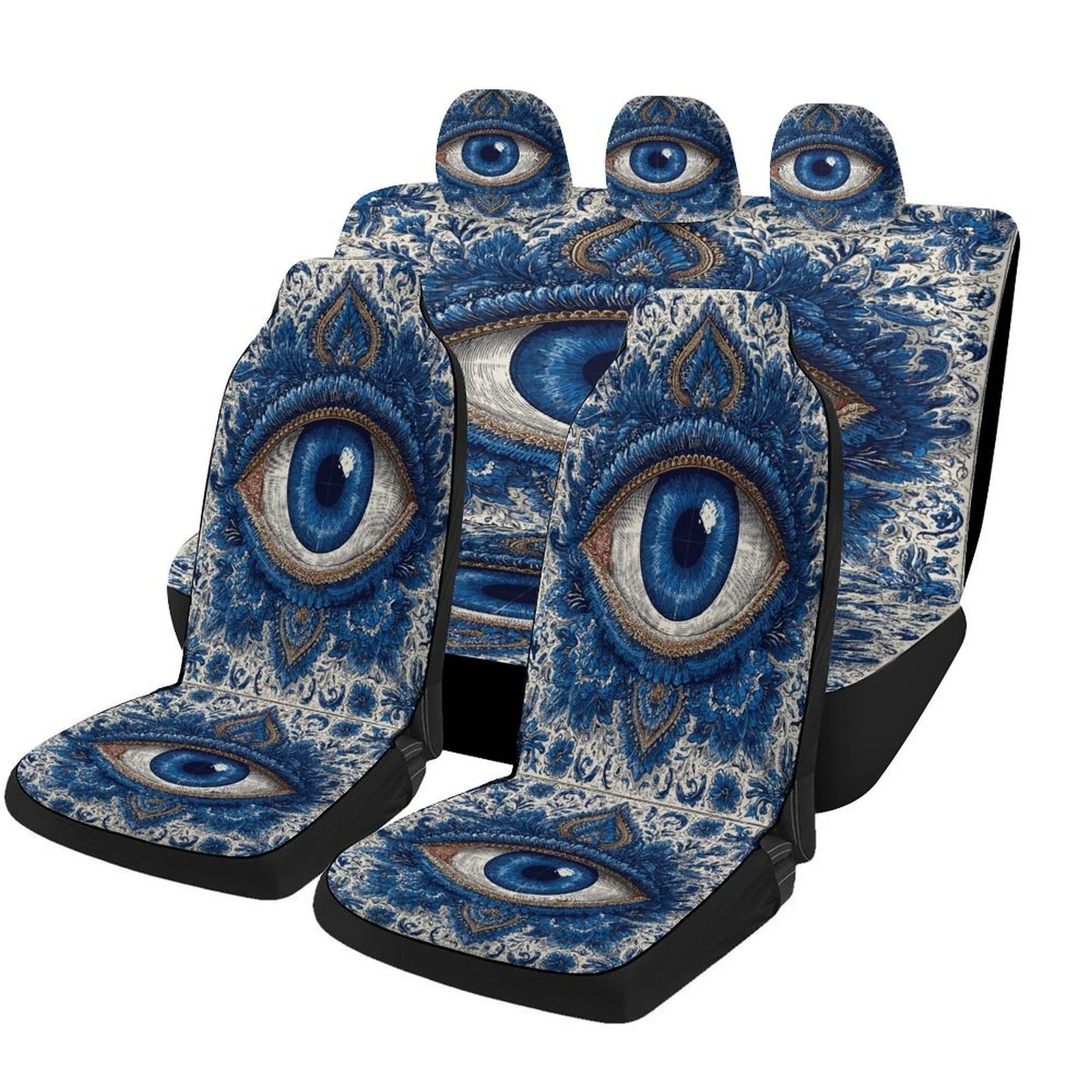 

Evil Eye Pattern Car Seat Cover Set - Trendy Novelty High-Quality Full Set For 2 Front & Rear Seats, Machine Washable, All-Seaso