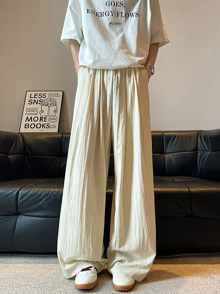 Ice Silk Drapey Slimming Wide Leg Pants Men's Summer Thin BF Lazy Style Sembach High Waist Casual Trousers Straight Cut Elast...