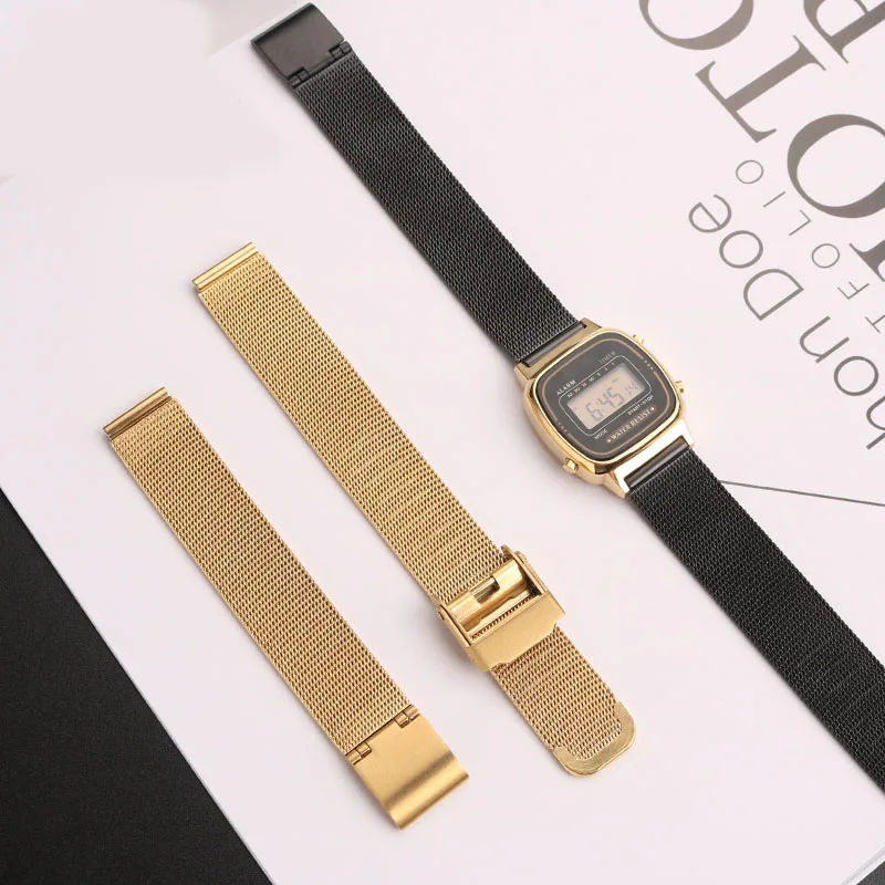 Correa de reloj de malla de Milán para Casio, correa de reloj de acero inoxidable y 14mm de 13mm, pequeña, plateada, Retro, dorada, LA670, LA680,