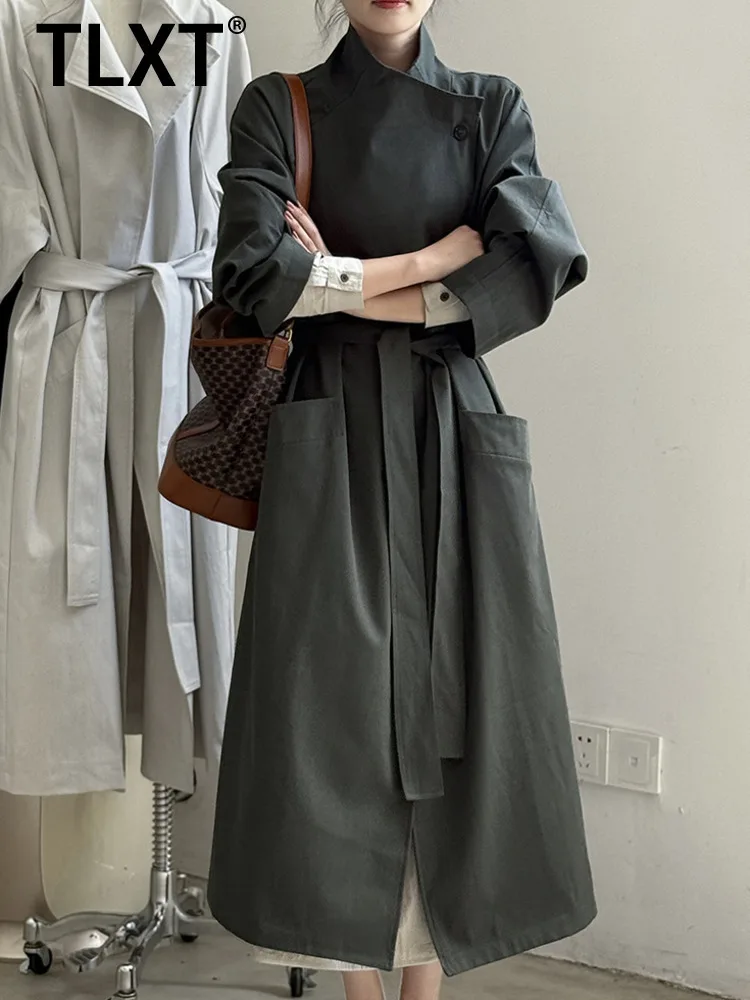 

TLXT модный женский плащ с отложным воротником и длинным рукавом на одной пуговице средней длины, свободное пальто с поясом, женское зимнее пальто 202, новинка 2023 г.