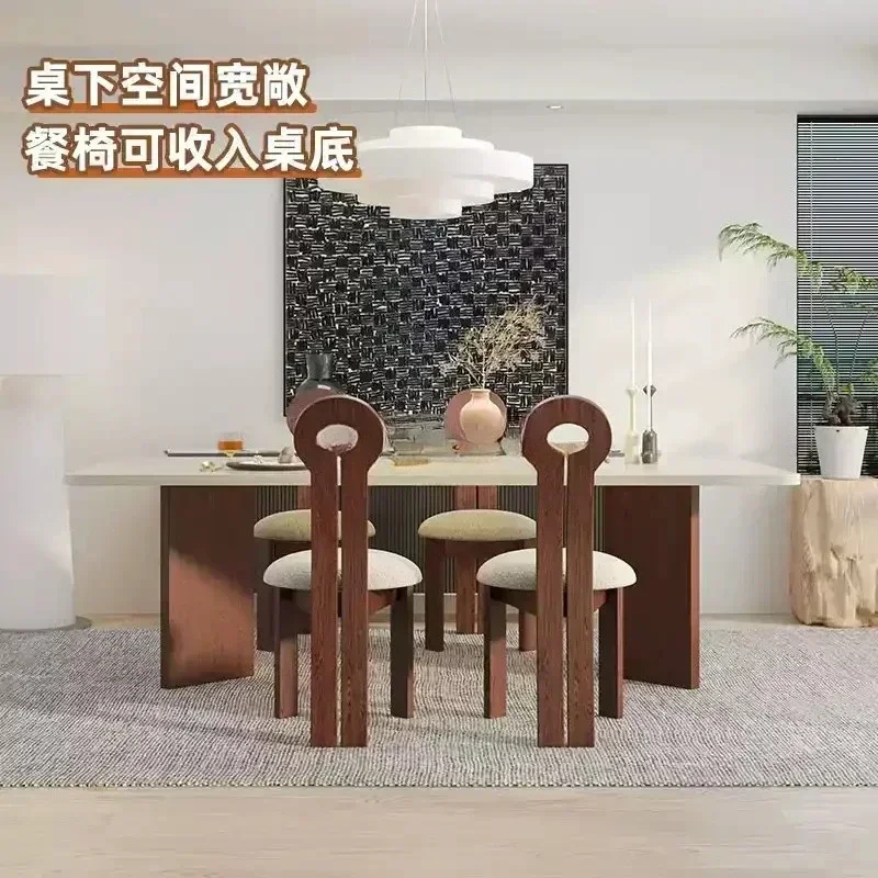 

Medieval style natural travertine rectangular rock slab dining table and chairs cream style retro solid wood dining table