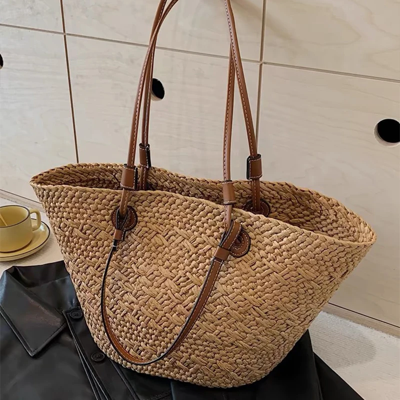 

Fashion Handmade Straw Shoulder Bag Contrast Color Simple All-match Basket Bag Ladies Vacation Large Capacity Hand-held Tote Bag