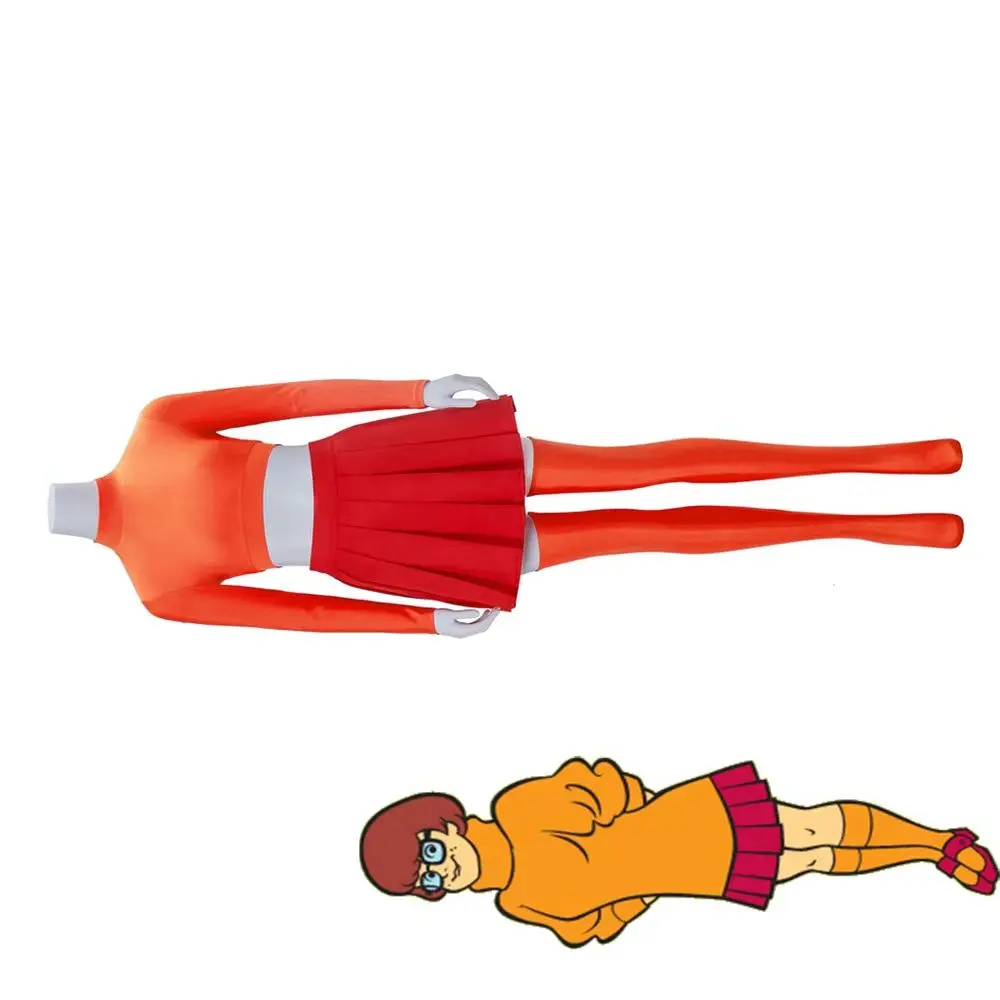

Anime Velma Cosplay Costume Women Girls Sexy Orange Crop Top Pleated Skirt Halloween Carnival Theme Party Uniform Suits