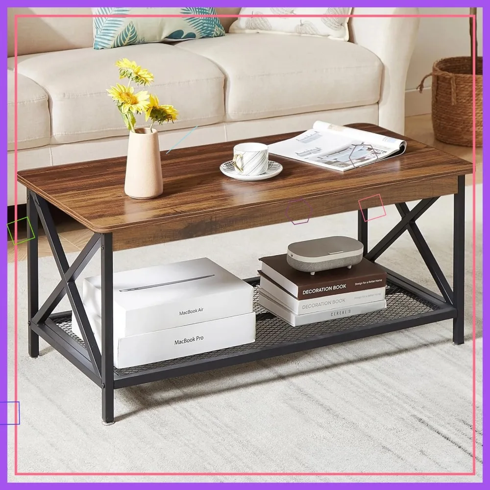 

Industrial Coffee Table with 2-Tier Storage Shelf, X-Frame Design for Living Room, Easy Assembly, Brown Finish