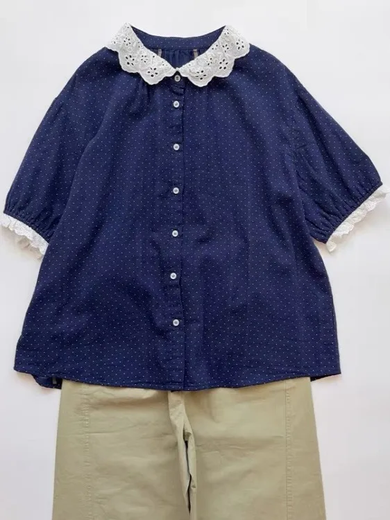 Deep Blue Polka Dot Pure Cotton Casual Loose ort Sve irt Women's Summer Comfortable Versatile Lace Collar Loose Fit irt