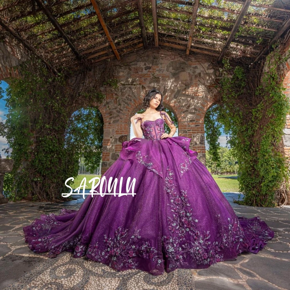 

Romantic Princess Purple Quinceanera Dress Spaghetti Straps 3D Floral Embroidery Glitter Tulle Sweet 16 Prom Gown With Train