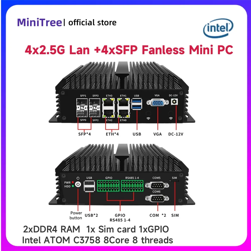 Mini computer industriale LAN 4x2.5G senza ventola Intel Atom C3758 C3958 2xRS232 COM GPIO 4x SFP Mini PC incorporato Staffa VESA 4G SIM