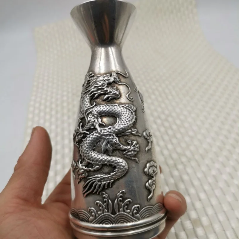 Antique Miscellaneous Ancient Style Two Dragons Playing with Pearls Warm Wine Pot White Copper Qing Dynasty Qian