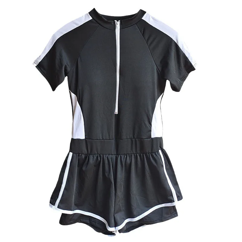 Athletic Black Short Sleeve Two Piece Swimsuit with Zipper Front Contrast Stripe Sporty Swimwear for Beach Pool Vacation - Image 5