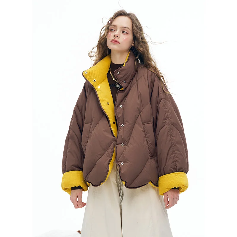 ELFSACK 2025 شتاء الوافدين الجدد Y2K الحد الأدنى عادية فضفاض الصلبة عكسها مقنعين الوقوف طوق قصيرة أسفل سترة للنساء #3