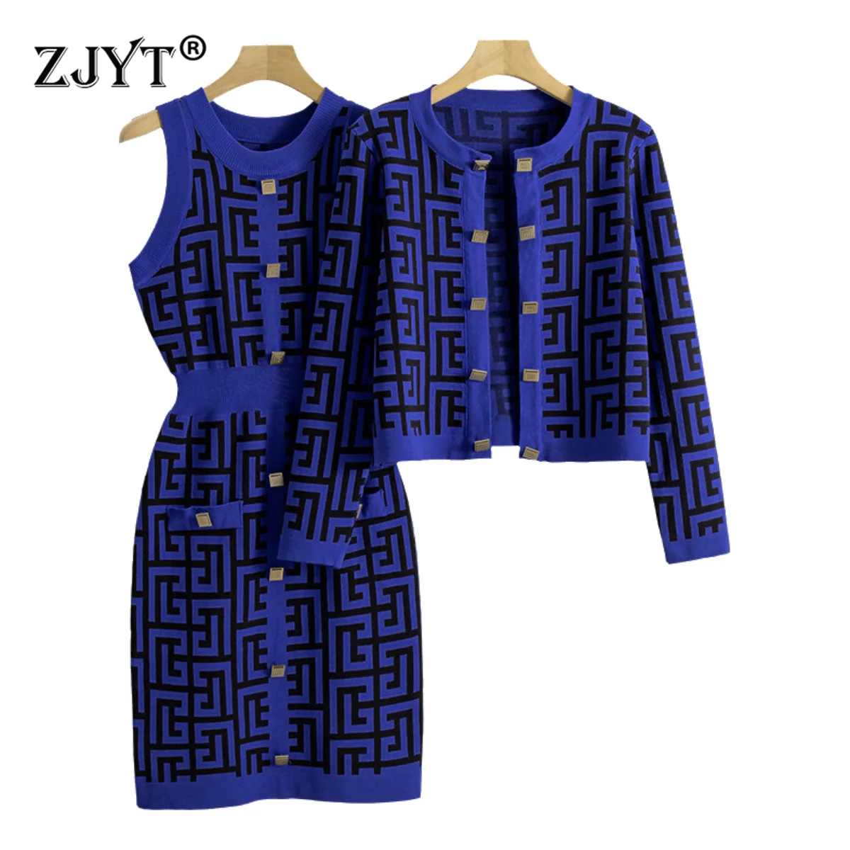 ZJYT Autumn Winter Geometric Patterns Knitted Cardigan Sweater and Tank Dress 2 Piece Clothing Women Vintage Casual Dress Female